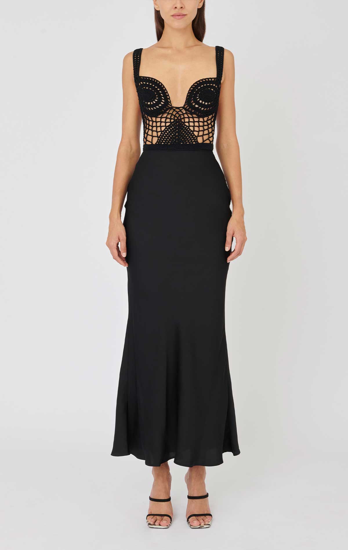Calipso Dress Black Crochet and Satin - Silvia Astore