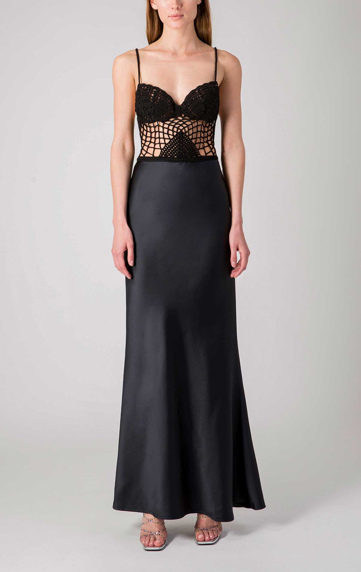 Calipso Dress Black Crochet and Satin - Silvia Astore