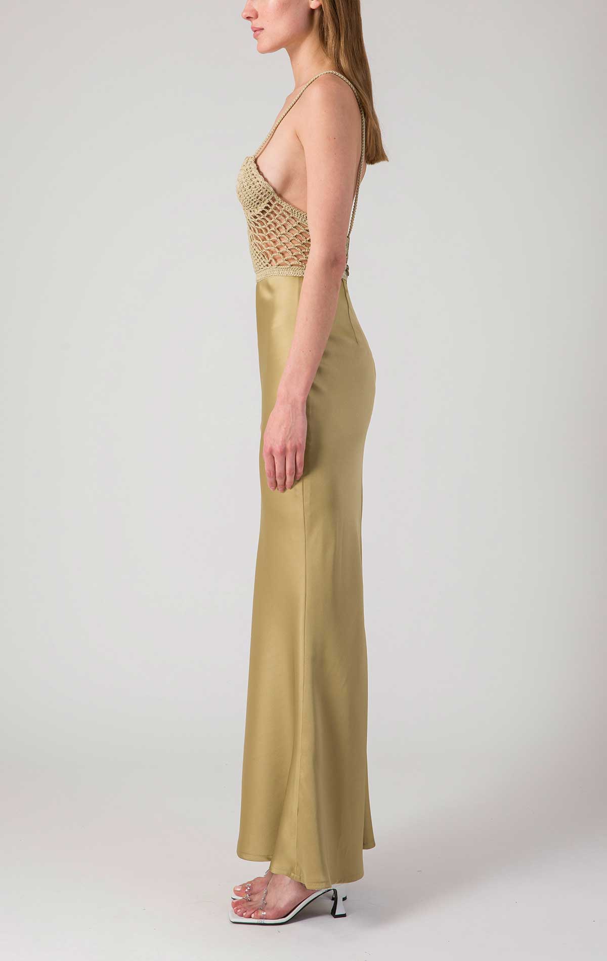 Calipso Dress Gold Olive Crochet and Satin - Silvia Astore