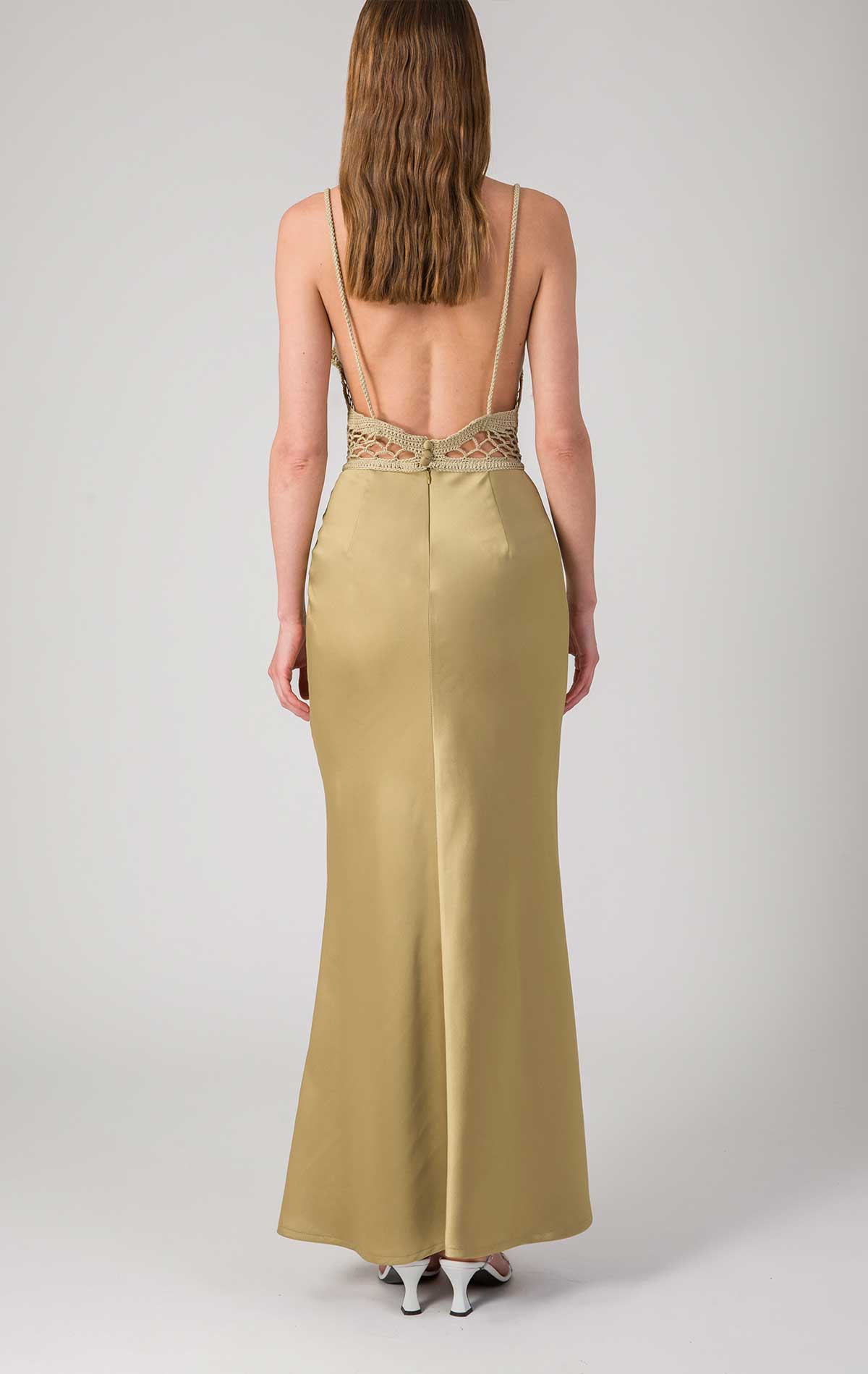 Calipso Dress Gold Olive Crochet and Satin - Silvia Astore