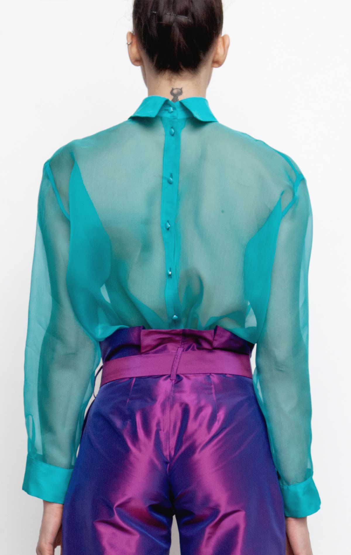Matilde Inverted Shirt Turquoise Silk organza - Silvia Astore