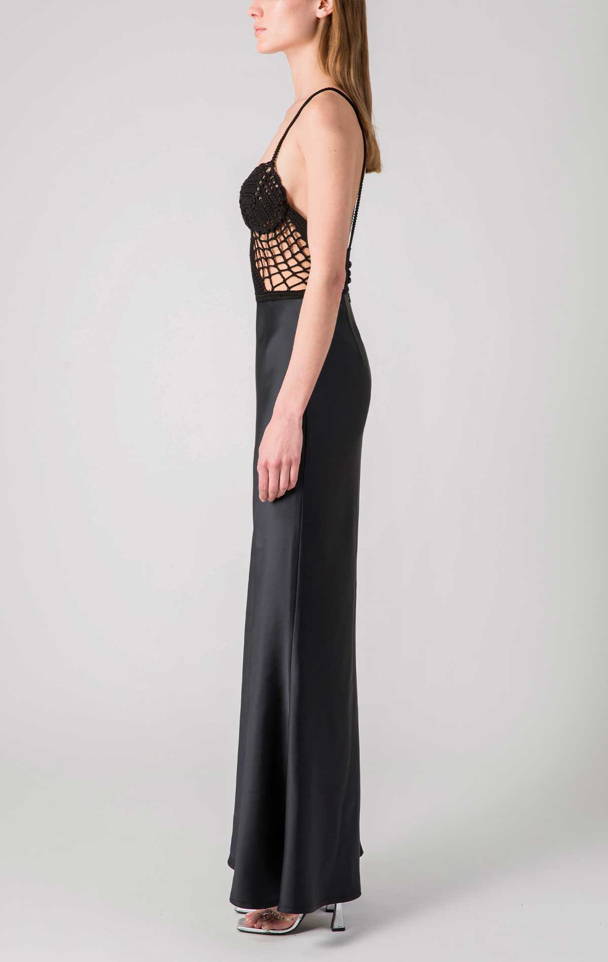 Calipso Dress Black Crochet and Satin - Silvia Astore