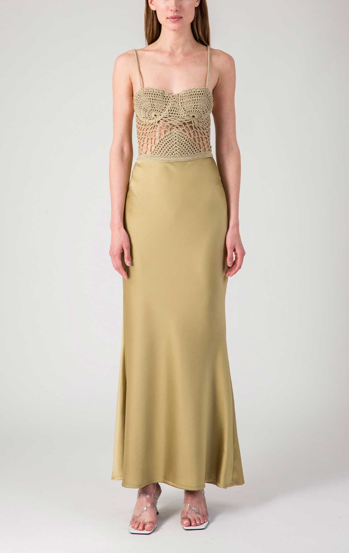 Calipso Dress Gold Olive Crochet and Satin - Silvia Astore