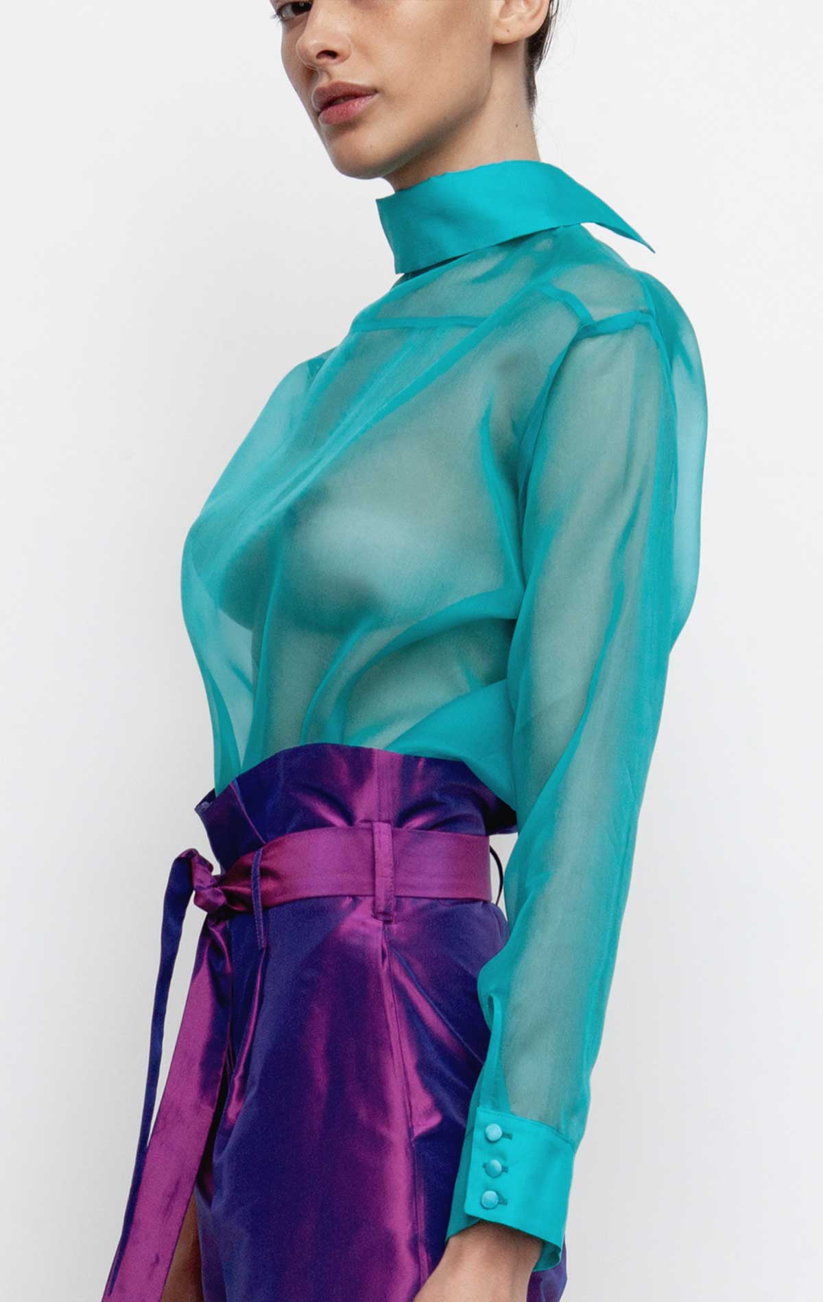 Matilde Inverted Shirt Turquoise Silk organza - Silvia Astore