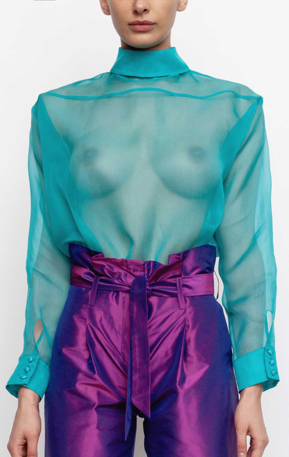 Matilde Inverted Shirt Turquoise Silk organza - Silvia Astore